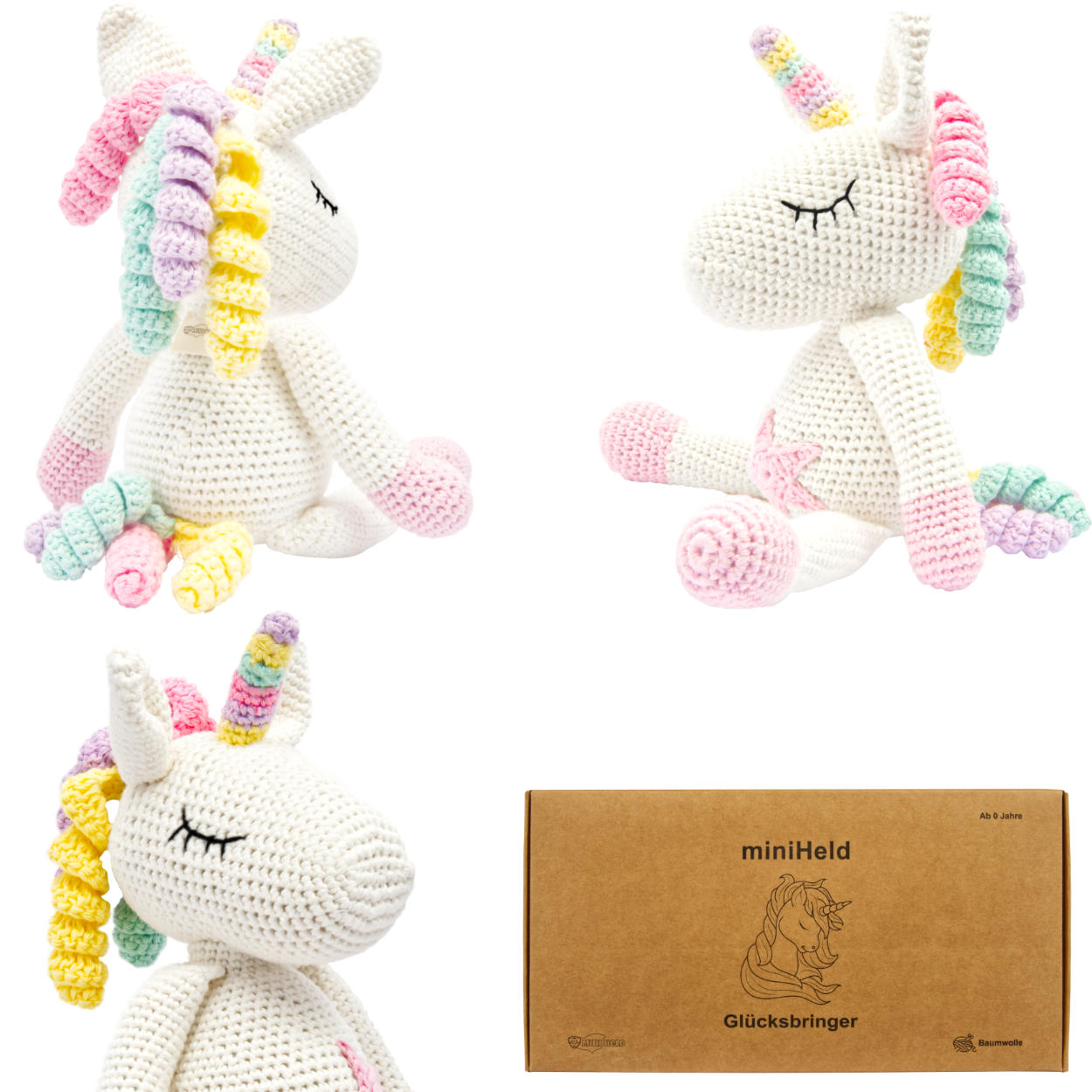 Handgestricktes Einhorn "Glücksbringer" Spielzeug aus Baumwolle 28cm Handgestricktes Einhorn "Glücksbringer" Spielzeug aus Baumwolle 28cm