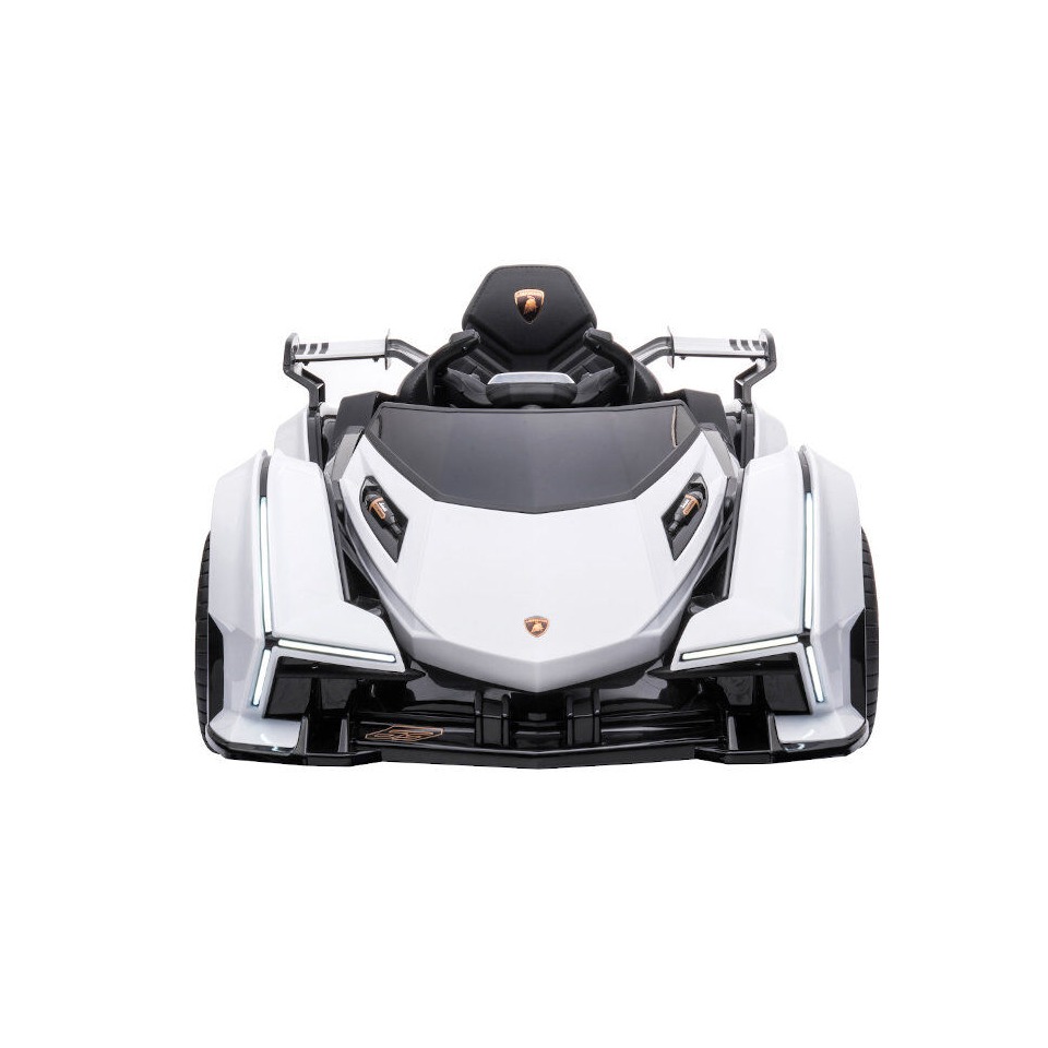 ES-Toys Kinderfahrzeug – Elektro Auto „Lamborghini V12 Vision Gran Turismo“ – lizenziert – 12V7AH, 2 Motoren- 2,4Ghz Fernsteuerung, MP3, Ledersitz+EVA – Weiss