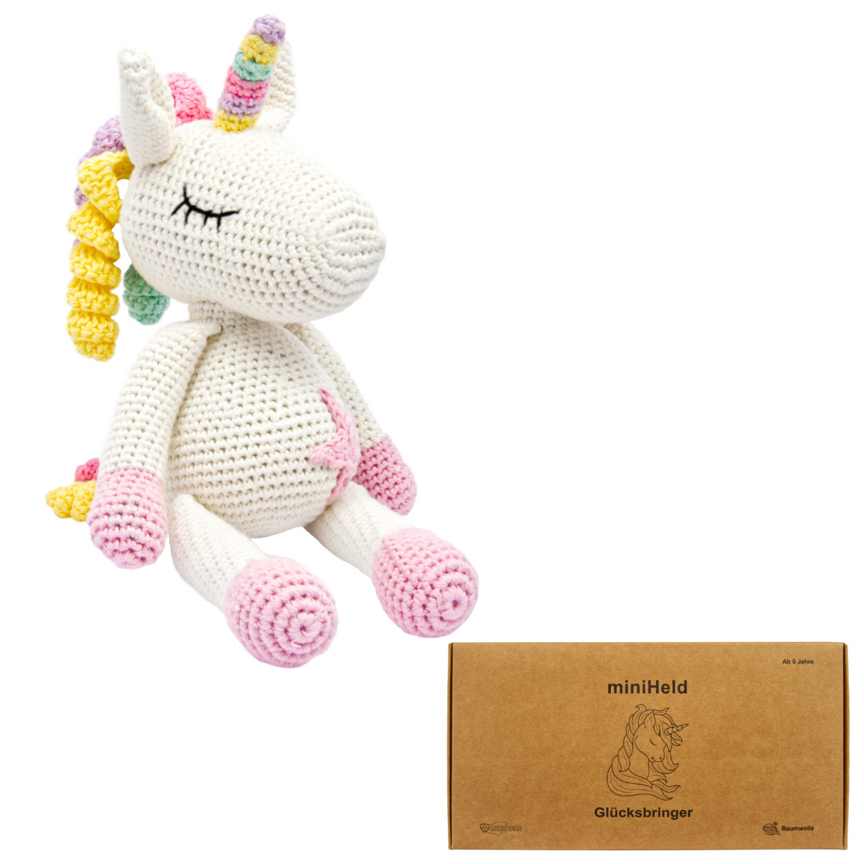 Handgestricktes Einhorn "Glücksbringer" Spielzeug aus Baumwolle 28cm Handgestricktes Einhorn "Glücksbringer" Spielzeug aus Baumwolle 28cm