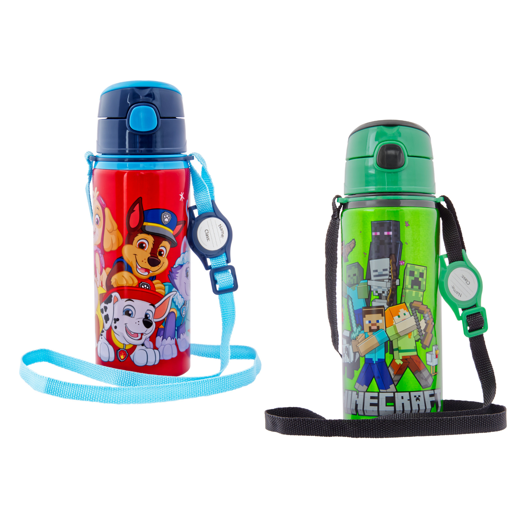 miniHeld Trinkflaschen-Set Paw Patrol + Minecraft, 2 Kinder Trinkflaschen Aluminium mit Tragegurt