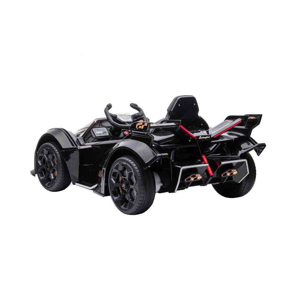 ES-Toys Kinderfahrzeug – Elektro Auto „Lamborghini V12 Vision Gran Turismo“ – lizenziert – 12V7AH, 2 Motoren- 2,4Ghz Fernsteuerung, MP3, Ledersitz+EVA – Weiss