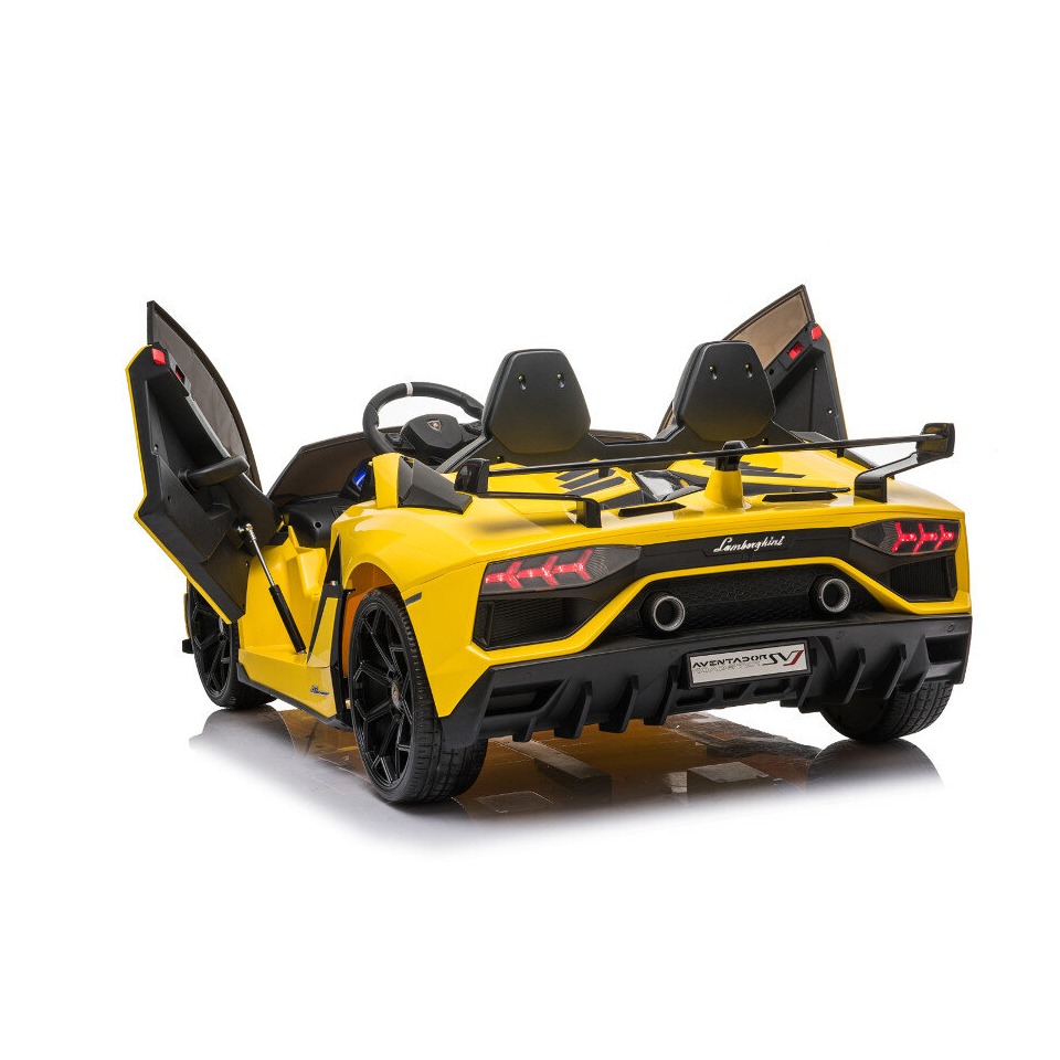 ES-Toys Kinderfahrzeug – Elektro Auto „Lamborghini Aventador SVJ Doppelsitzer“ – lizenziert – 12V7AH, 2 Motoren- 2,4Ghz Fernsteuerung, MP3, Ledersitz+EVA+Lackiert – Weiss