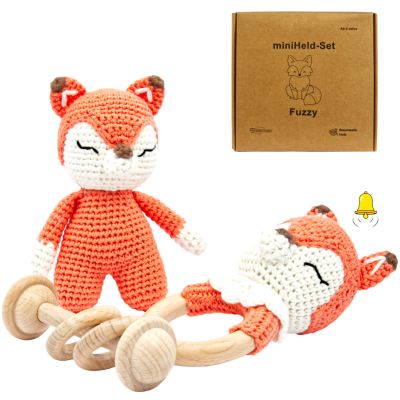 miniHeld Handgestrickter Fuchs Fuzzy Set Babyrassel Holz Baumwolle 15 cm