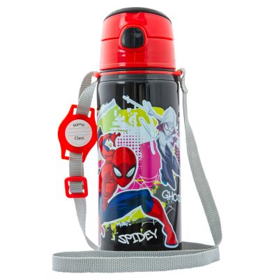 miniHeld Kinder Trinkflasche Spiderman 600ml Schwarz Tragegurt Alu Marvel Held
