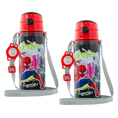 miniHeld Trinkflaschen-Set Spiderman schwarz 2er-Pack, 2 Kinder Trinkflaschen Aluminium mit Tragegurt